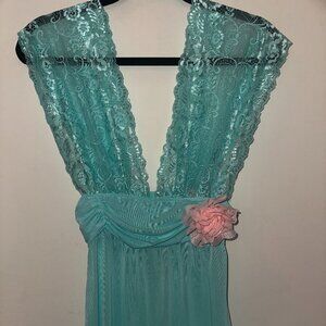 Dreamgirl Women's Blue Lace Sheer Babydoll  Deep V Neck Size M